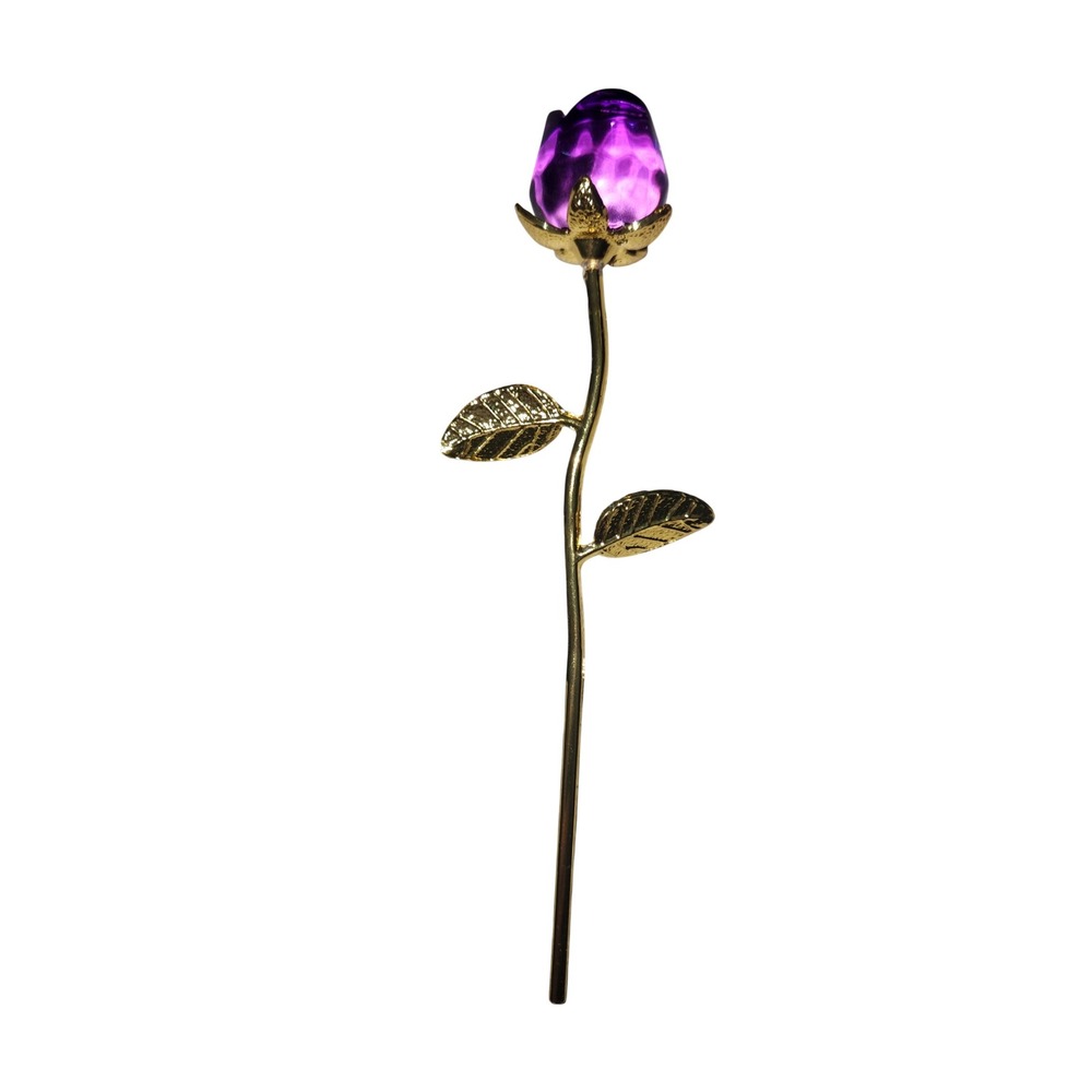 Purple Crystal Glass Rose Gold Tone Stem Figurine Flower Decor 6.5 Inch